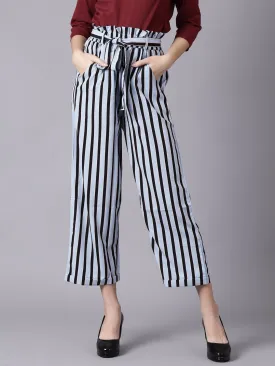 Women Sky Blue Striped Casual Texture Georgette Trouser