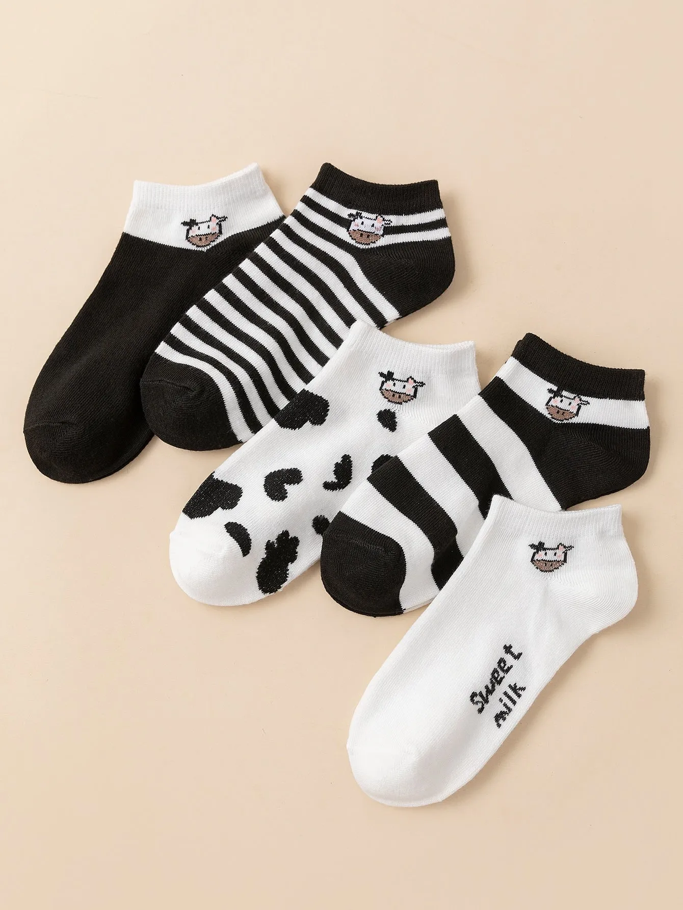 5pairs Cow & Striped Pattern Ankle Socks for Women Fun Socks Funky Socks Novelty