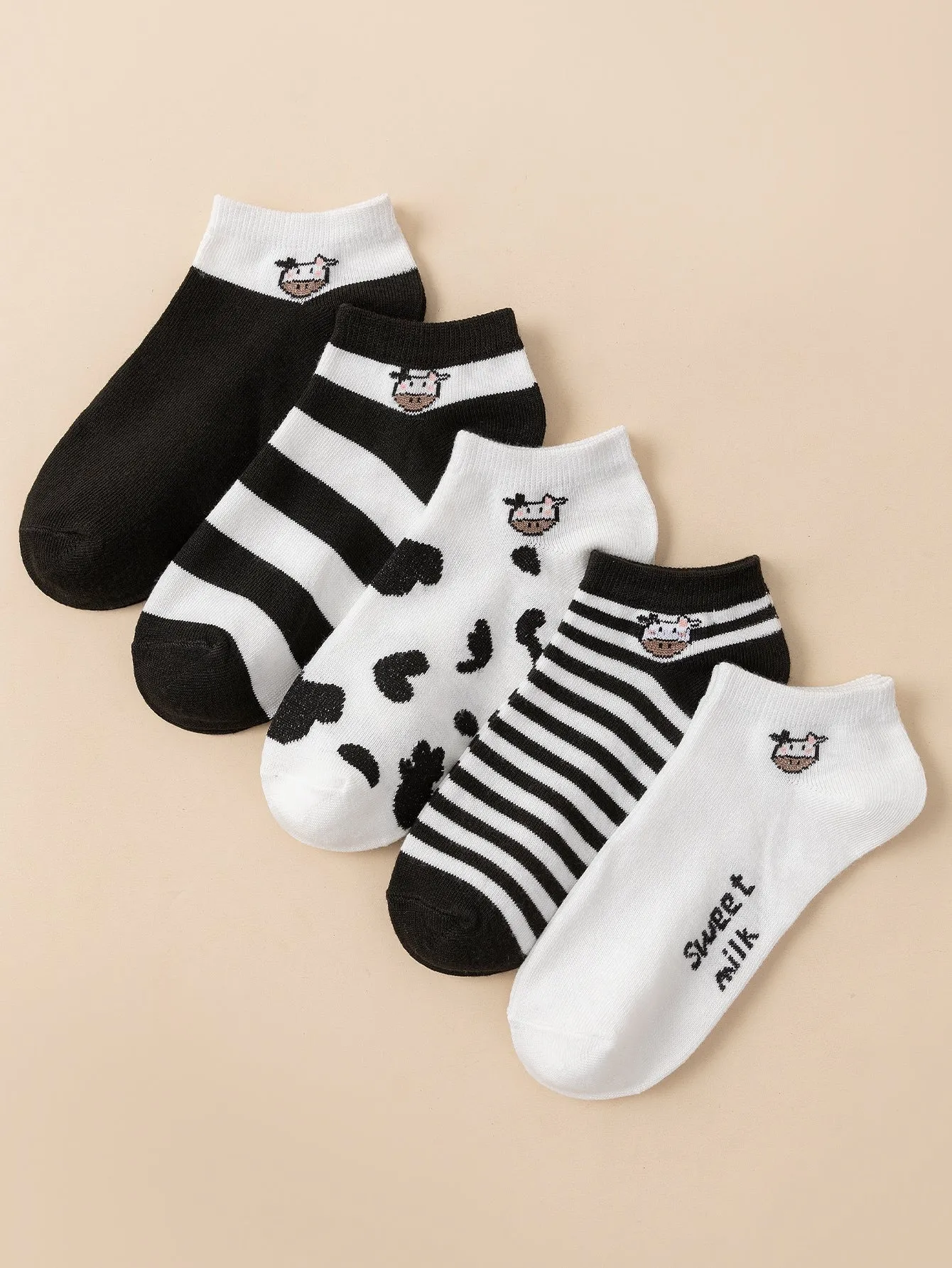 5pairs Cow & Striped Pattern Ankle Socks for Women Fun Socks Funky Socks Novelty