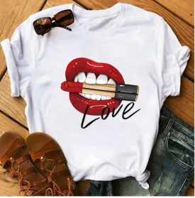 Awesome Red Lips Print Women Casual T Shirts