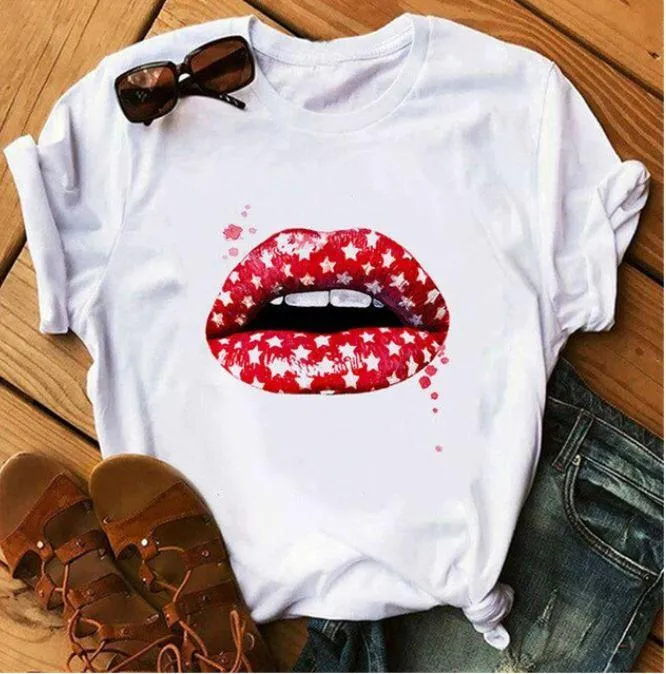 Awesome Red Lips Print Women Casual T Shirts