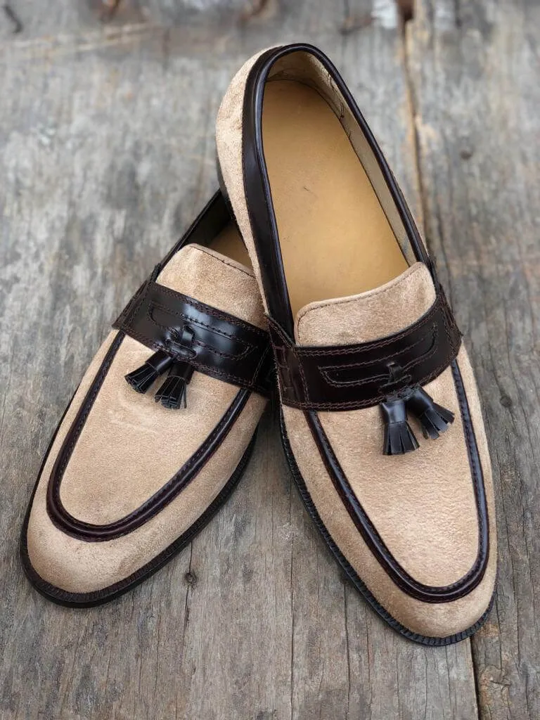 Bespoke Beige Brown Tussle Loafer Leather  Shoe for Men