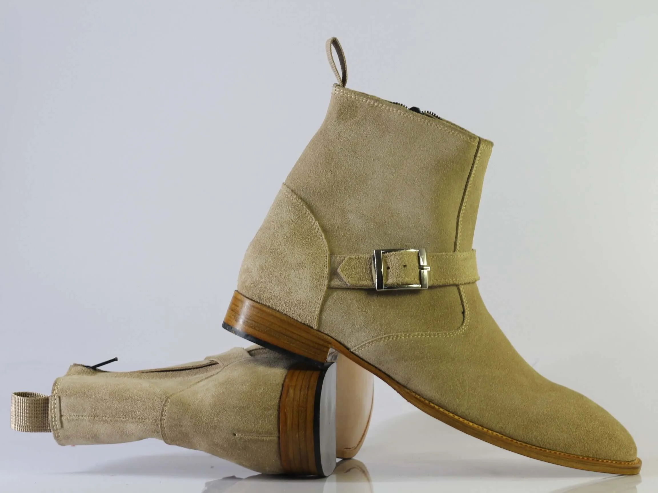 Bespoke Beige Suede Ankle Buckle Up Boots