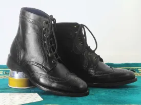 Bespoke Black Leather Ankle Wing Tip Brogue Lace Up Boot