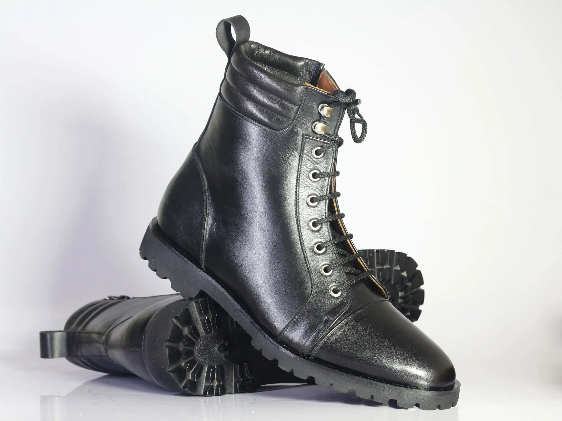 Bespoke Black Leather Side Zip Ankle Cap Toe Lace Up Boot