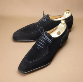 Bespoke Black Square Toe Suede Lace Up Shoes for Men