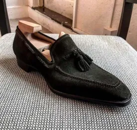 Bespoke Black Square Toe Suede Tussles Shoes for Men