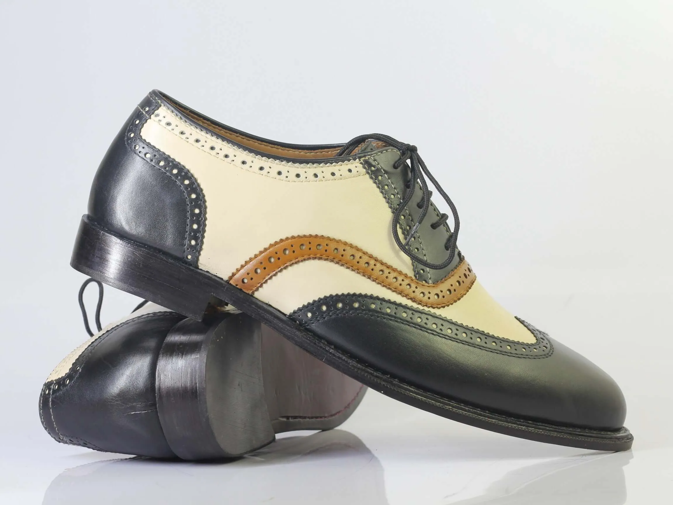 Bespoke Black White Leather Wing Tip Brogue Toe Shoes