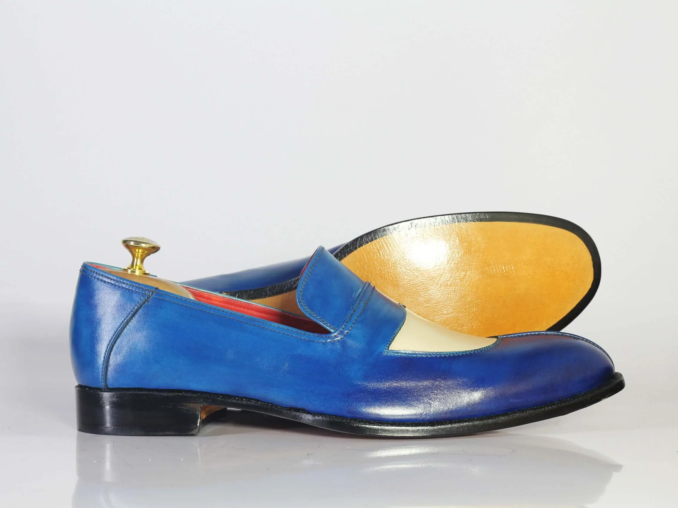 Bespoke Blue & White Leather Penny Loafer Shoe for Men