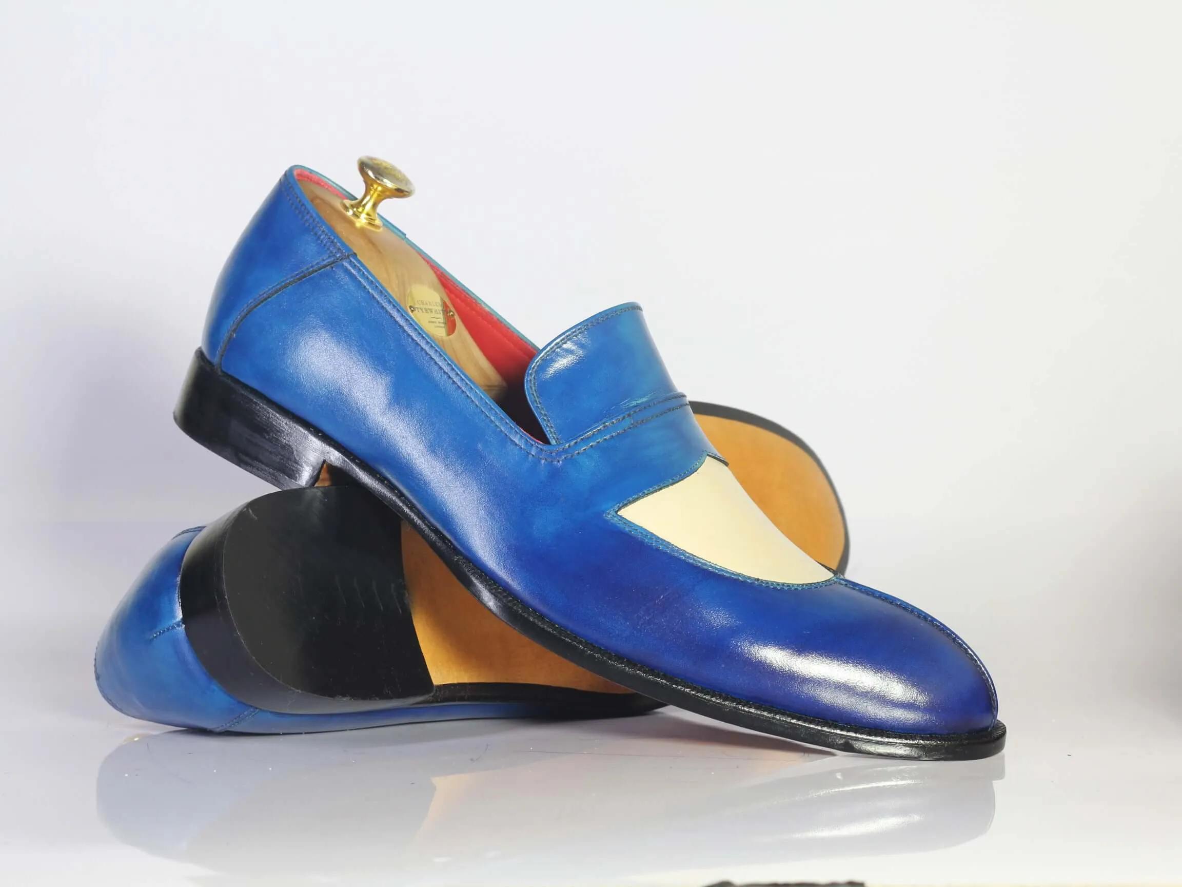 Bespoke Blue & White Leather Penny Loafer Shoe for Men