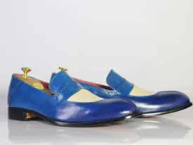 Bespoke Blue & White Leather Penny Loafer Shoe for Men