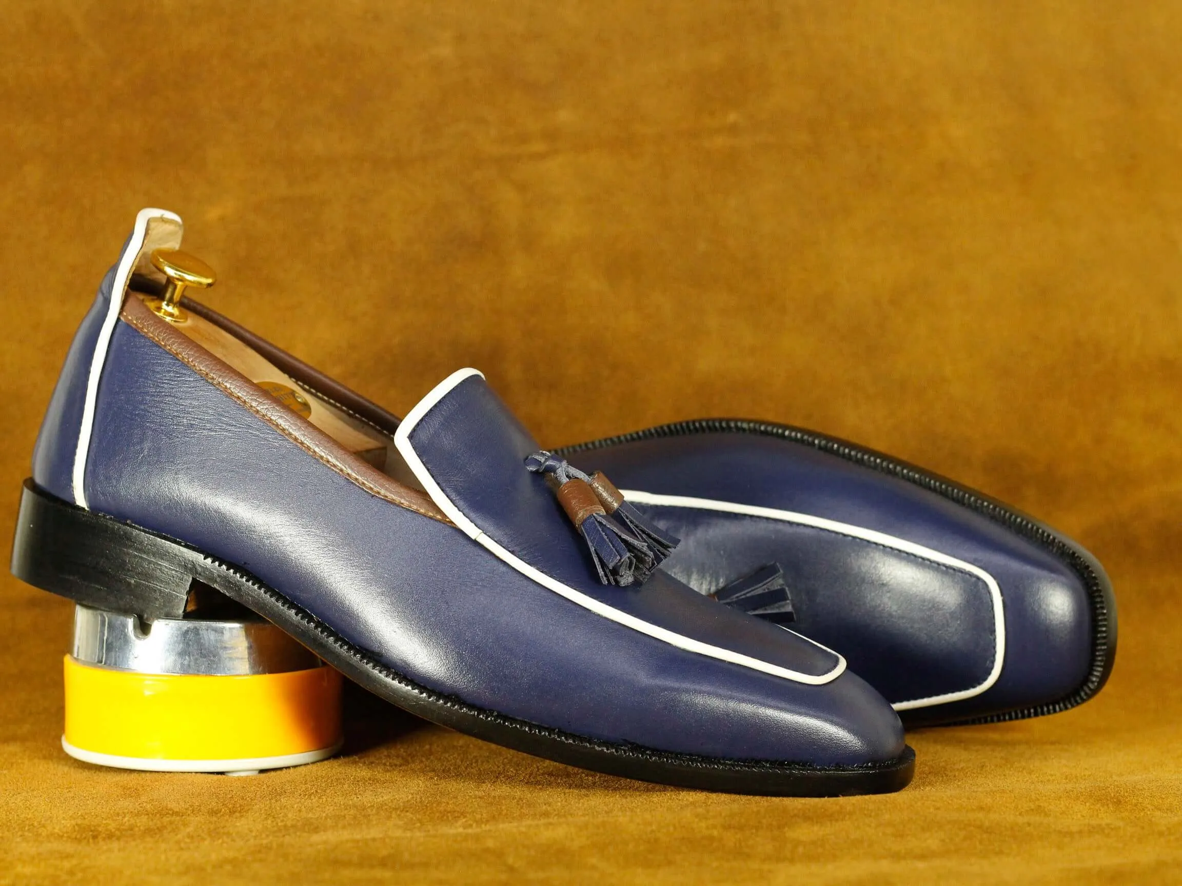 Bespoke Blue Loafer Tussle Shoes, Men's Leather Shoes