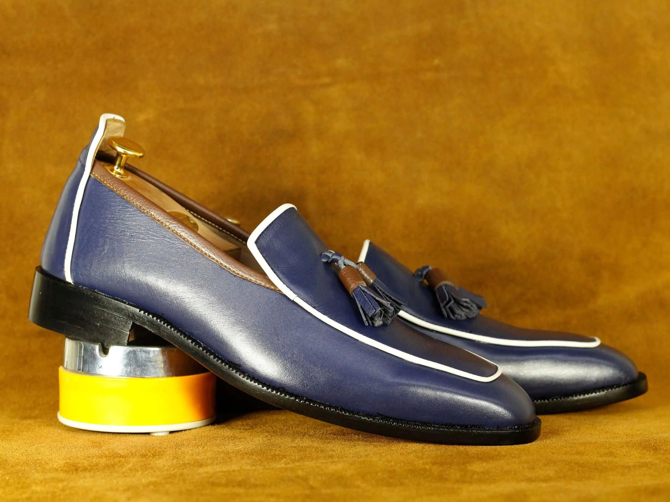 Bespoke Blue Loafer Tussle Shoes, Men's Leather Shoes