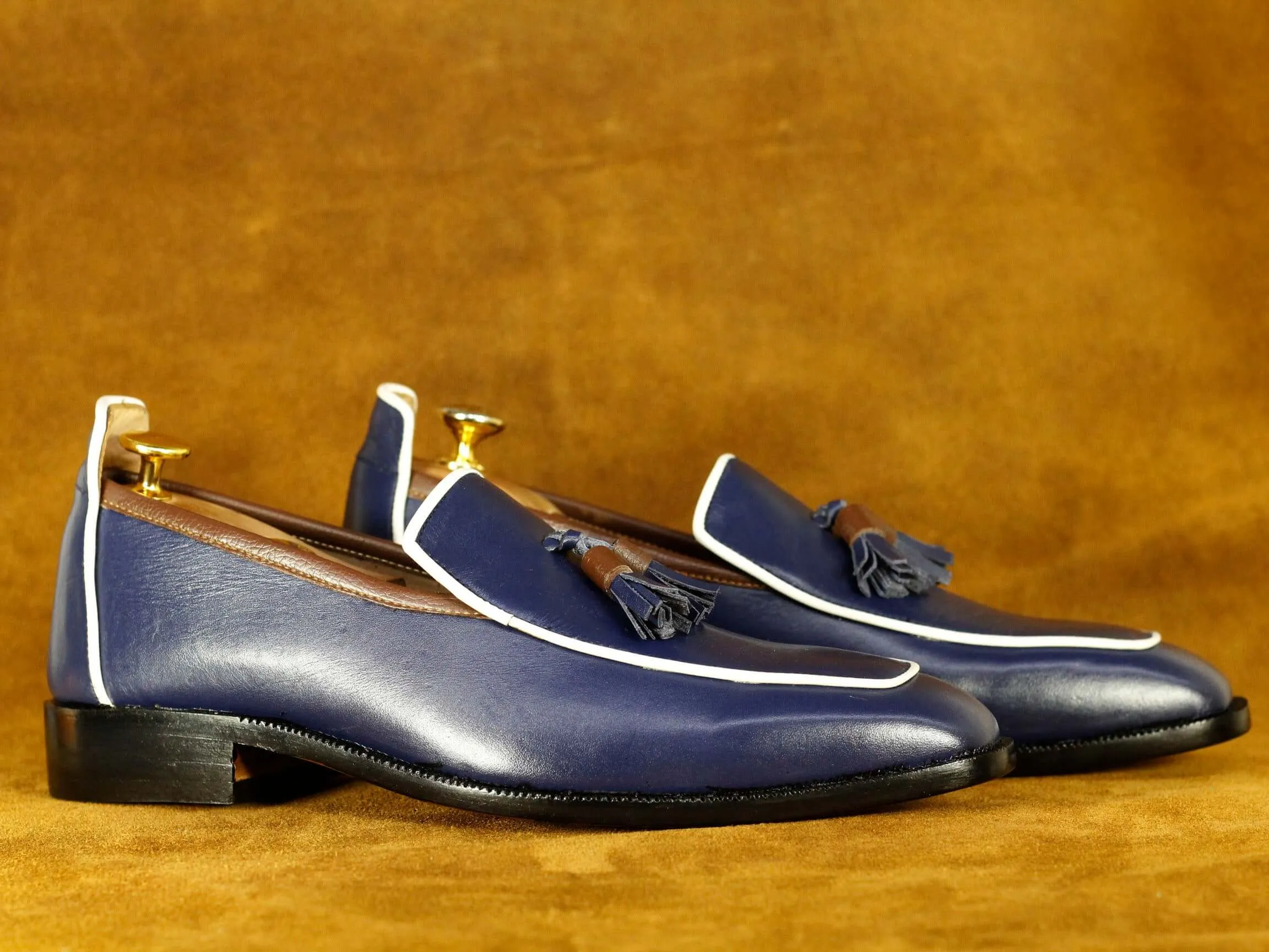 Bespoke Blue Loafer Tussle Shoes, Men's Leather Shoes