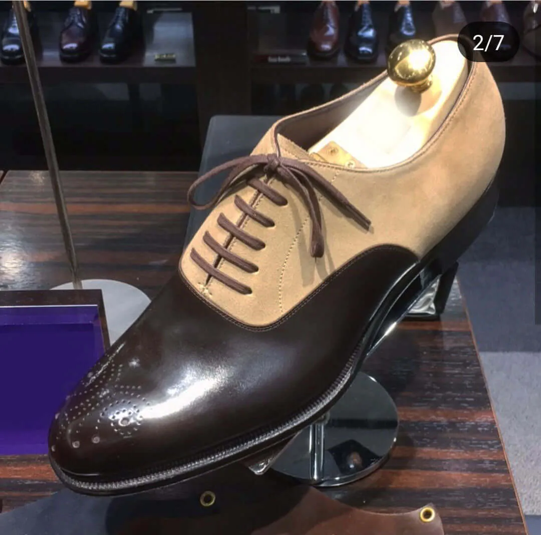 Bespoke Brown ;& Beige Leather Suede Lace Up Shoe for Men