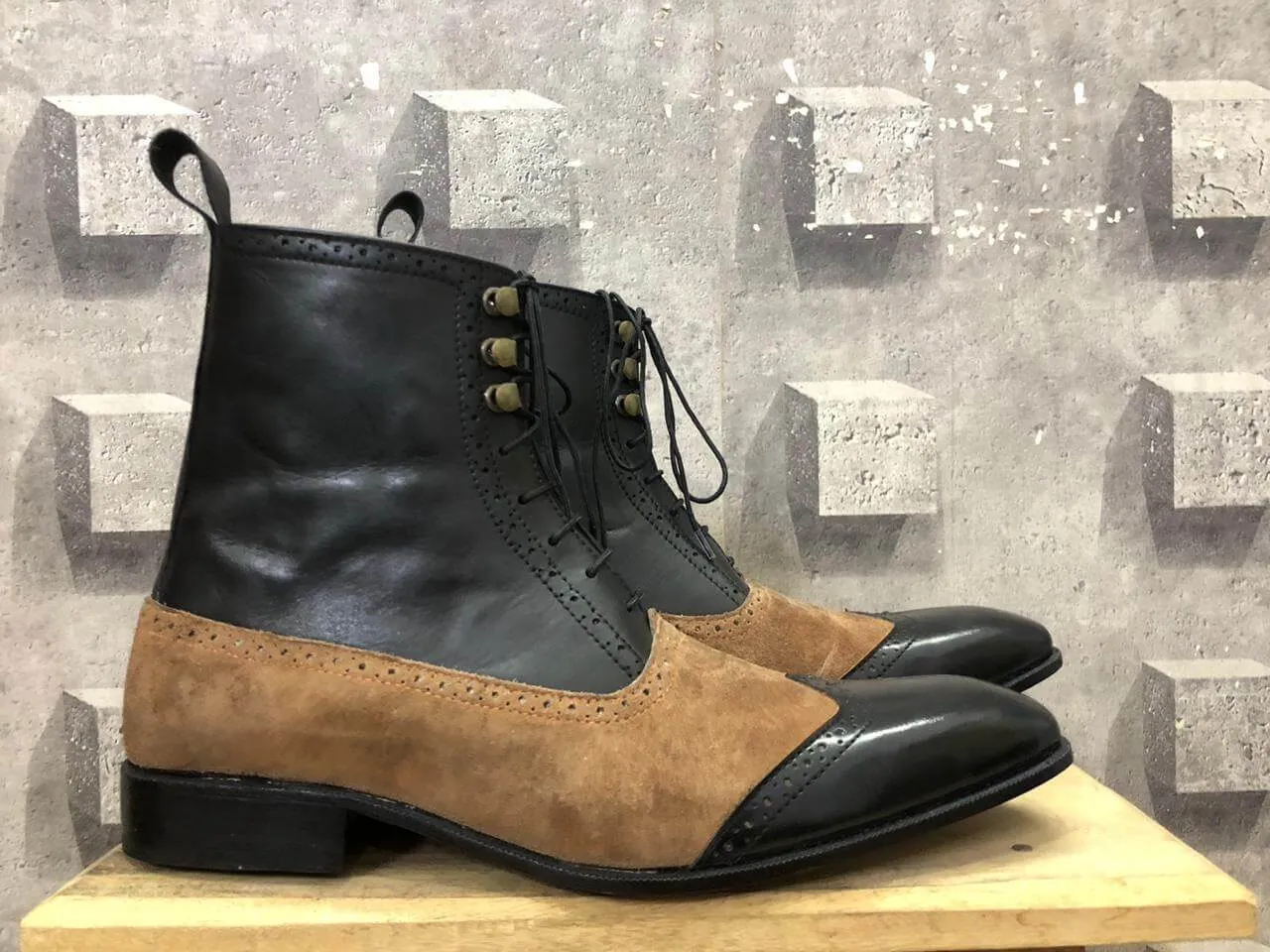 Bespoke Brown Black Leather Suede Lace Up Wing Tip Boot