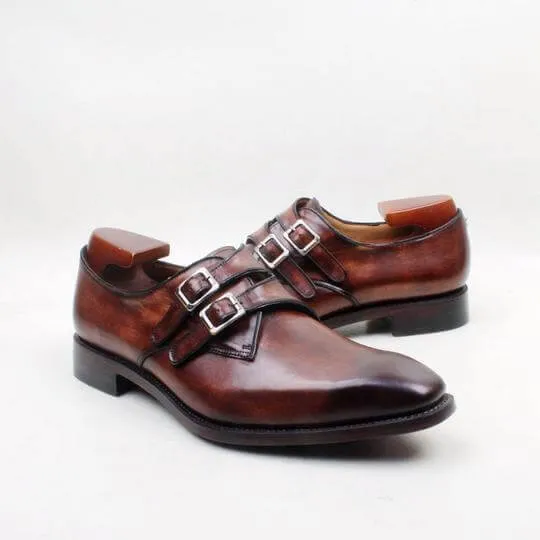 Bespoke Brown Leather Monk Strap Shoe for Men