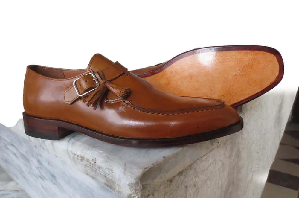 Bespoke Brown Leather Monk Strap Tussle Loafer Shoe for Men