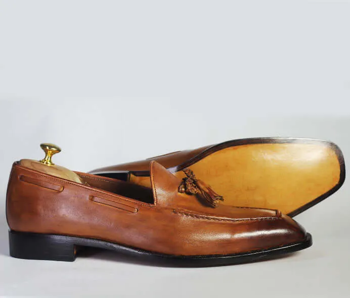 Bespoke Brown Leather Tussle Loafer Shoe for Men