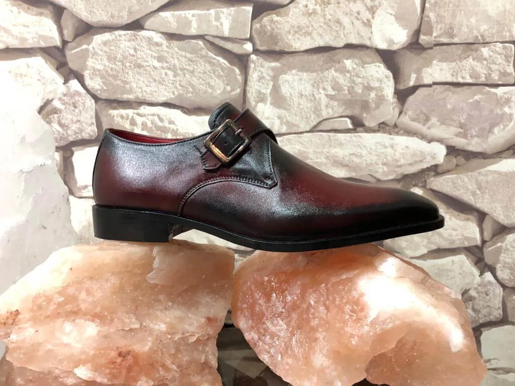 Bespoke Burgundy Black Leather Monk Strap Shoe for Men