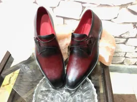 Bespoke Burgundy Black Leather Monk Strap Shoe for Men