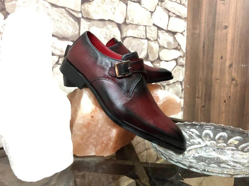 Bespoke Burgundy Black Leather Monk Strap Shoe for Men