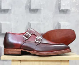 Bespoke Burgundy Leather Double Monk Strap Shoe for Men