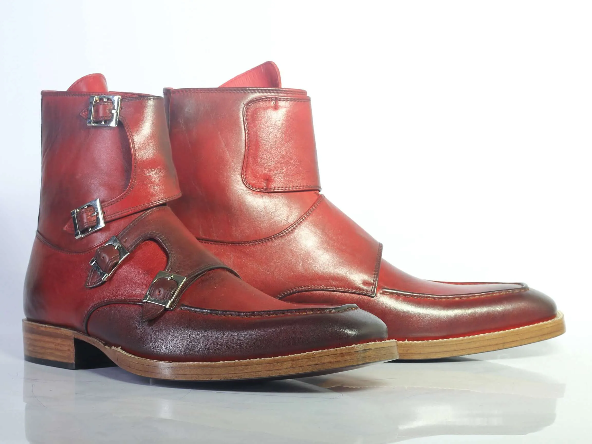 Bespoke Burgundy Leather High Ankle Monk Strap Boots