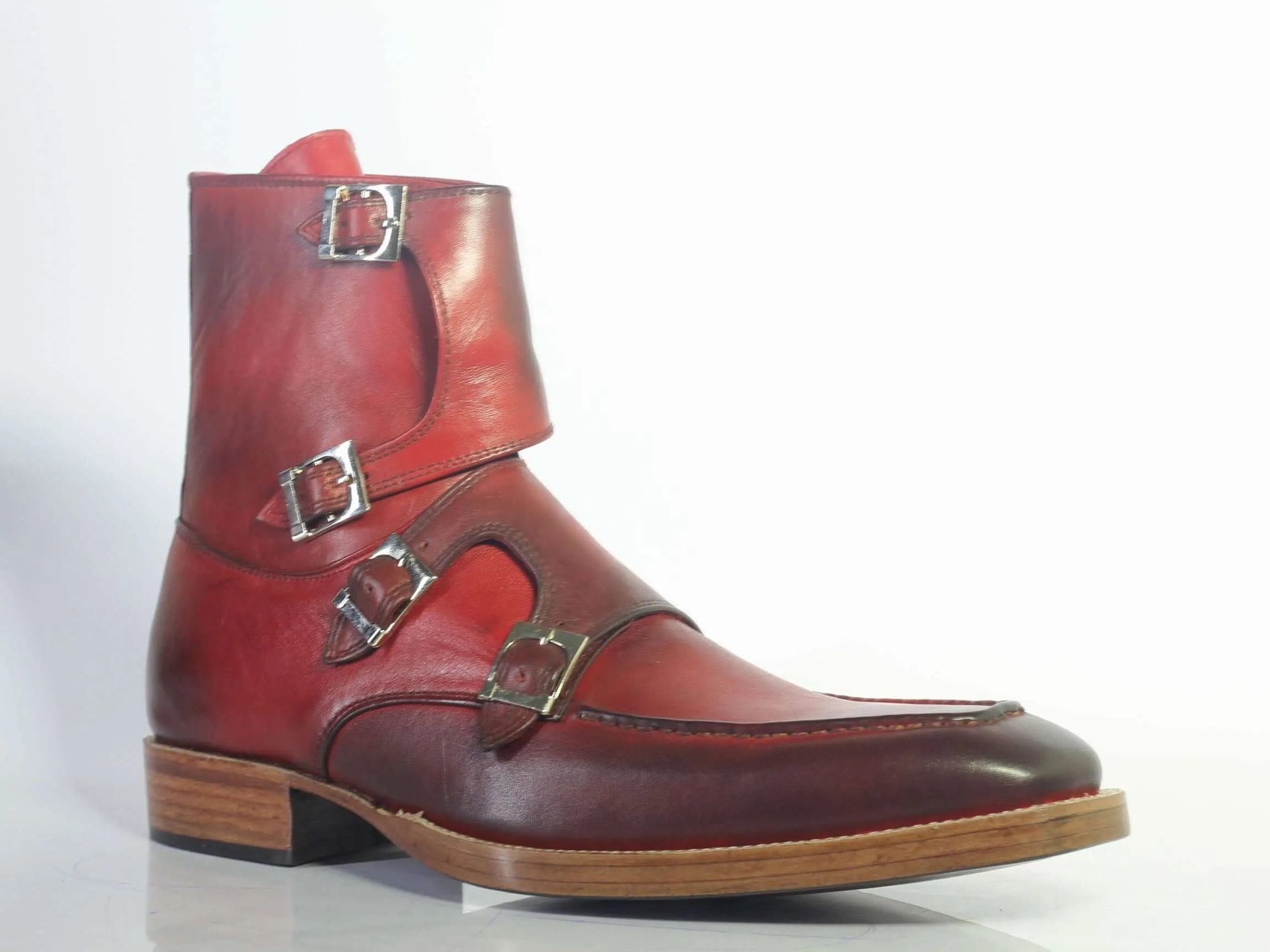 Bespoke Burgundy Leather High Ankle Monk Strap Boots