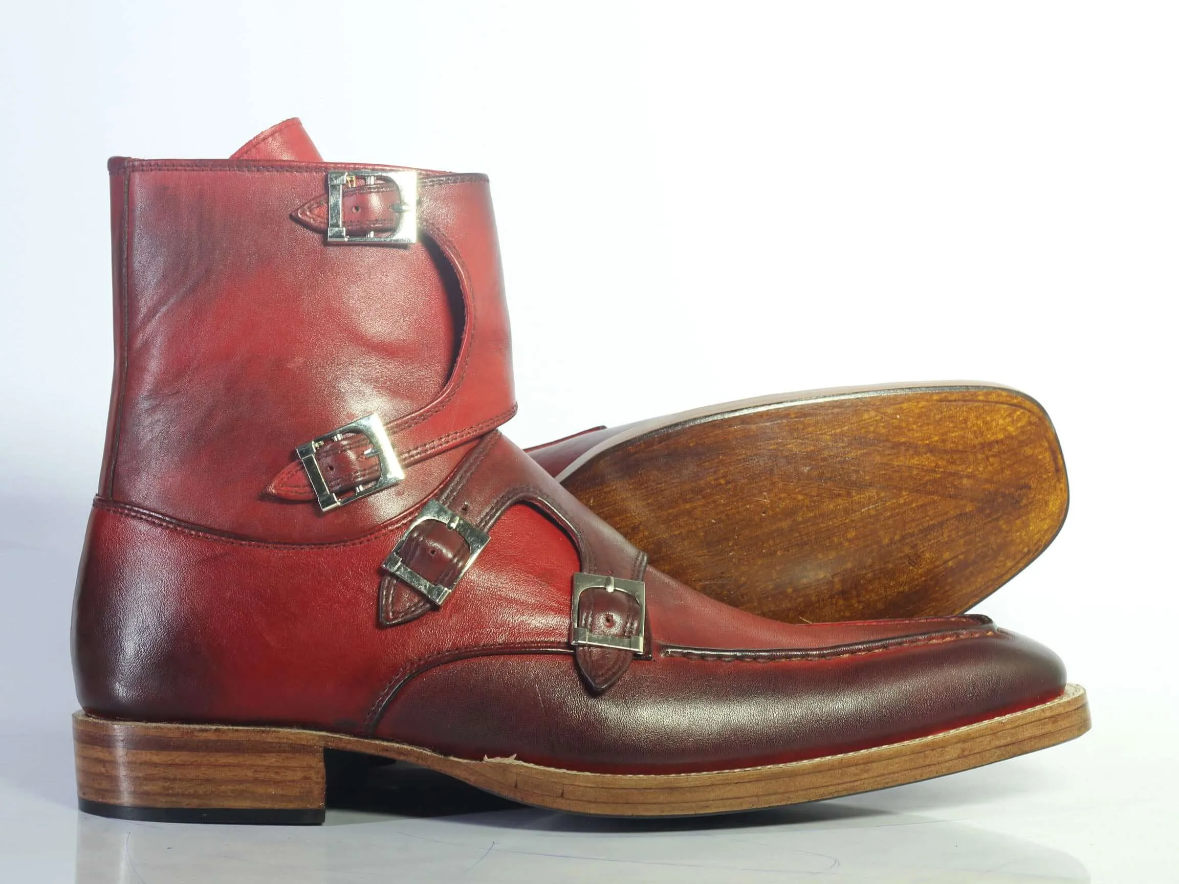 Bespoke Burgundy Leather High Ankle Monk Strap Boots