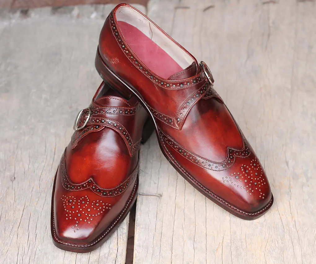 Bespoke Burgundy Leather Monk Strap Wing Tip Shoe for Men