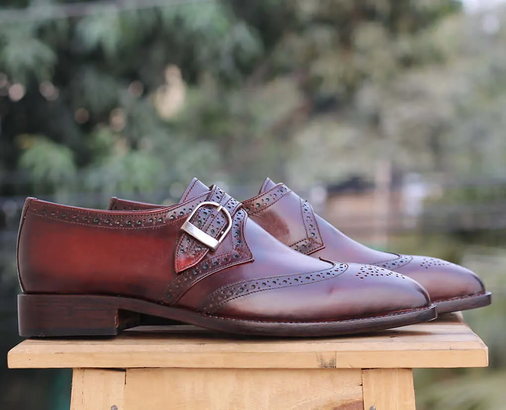 Bespoke Burgundy Leather Monk Strap Wing Tip Shoe for Men