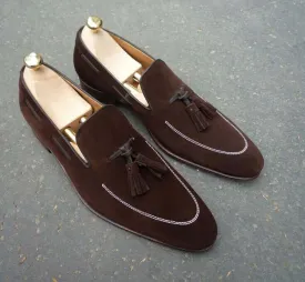 Bespoke Chocolate Brown Suede Tussle Loafer Shoe for Men