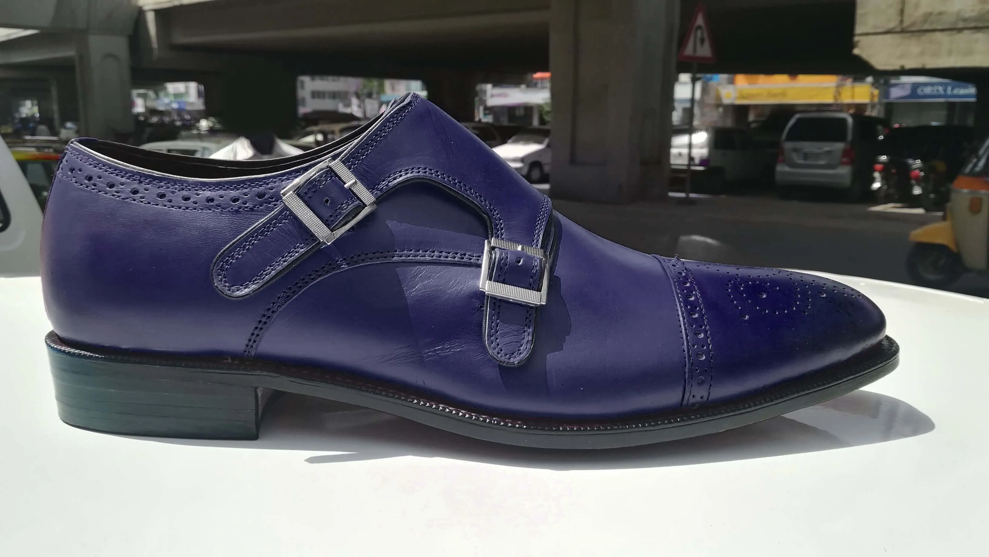 Bespoke Dark Blue Leather Monk Strap Cap Toe Shoe for Men