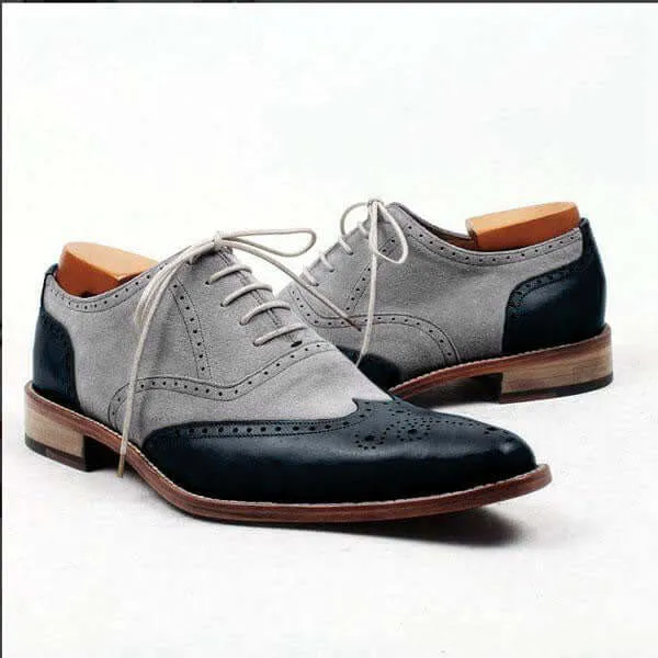 Bespoke Gray Black Leather Wing Tip Lace Up Shoe for Men