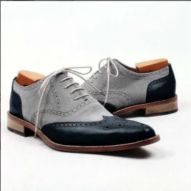 Bespoke Gray Black Leather Wing Tip Lace Up Shoe for Men