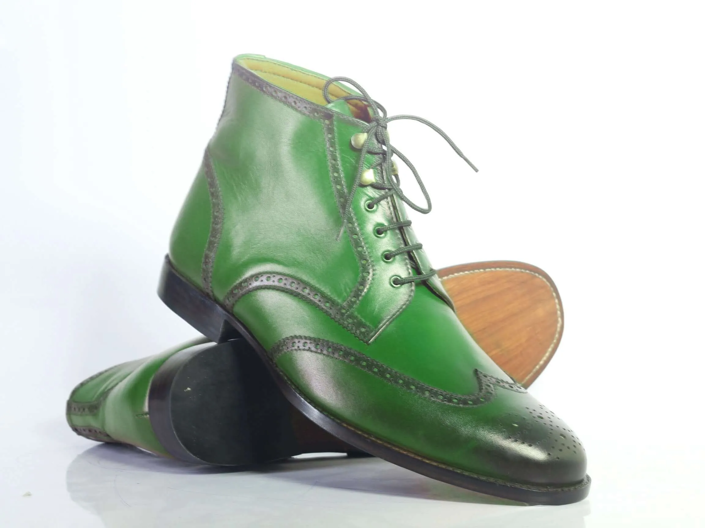 Bespoke Green Leather Wing Tip Ankle Lace Up Boots