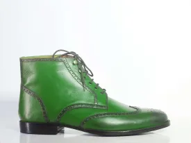 Bespoke Green Leather Wing Tip Ankle Lace Up Boots