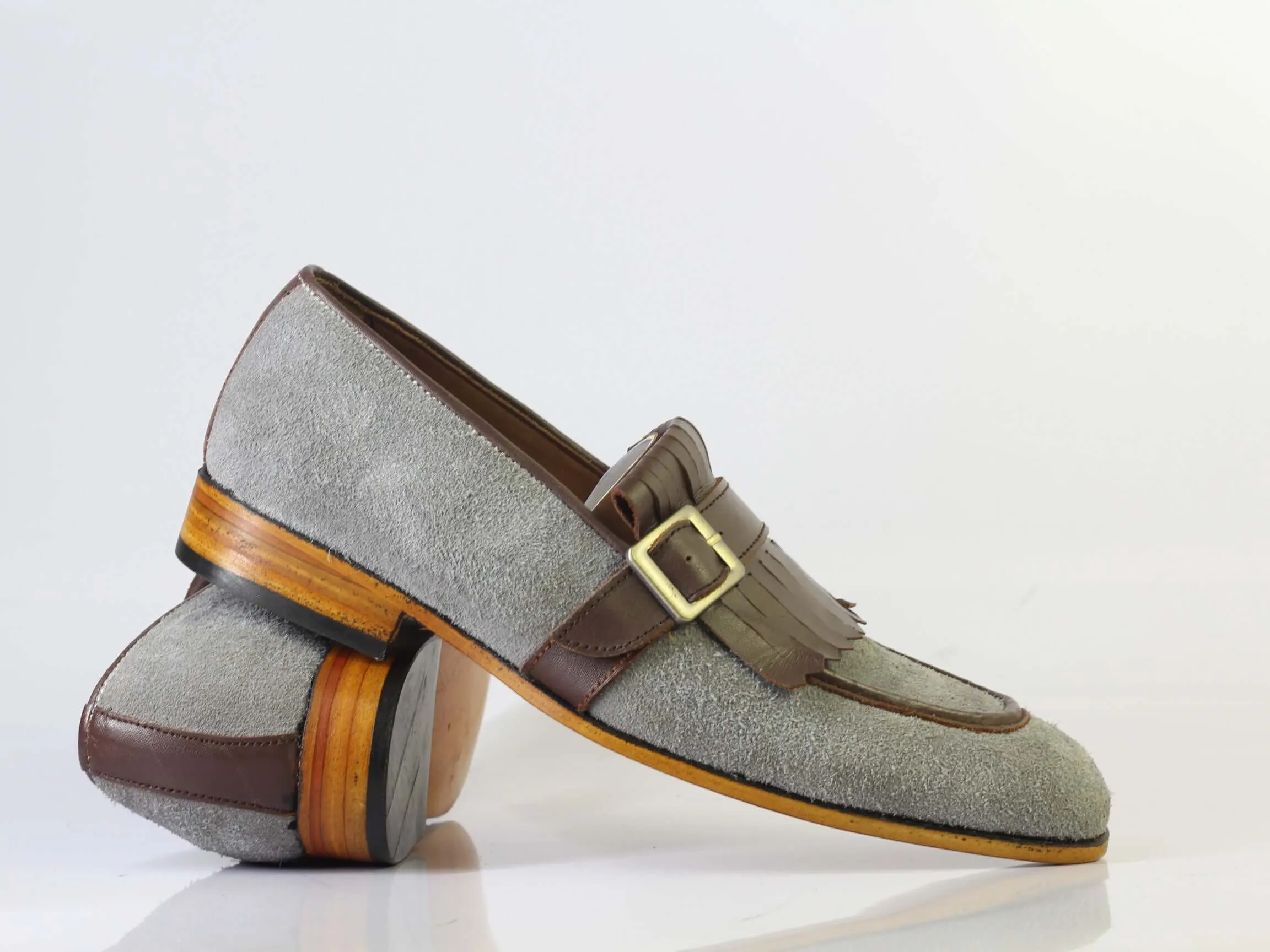 Bespoke Grey Brown Buckle Loafers for Men's