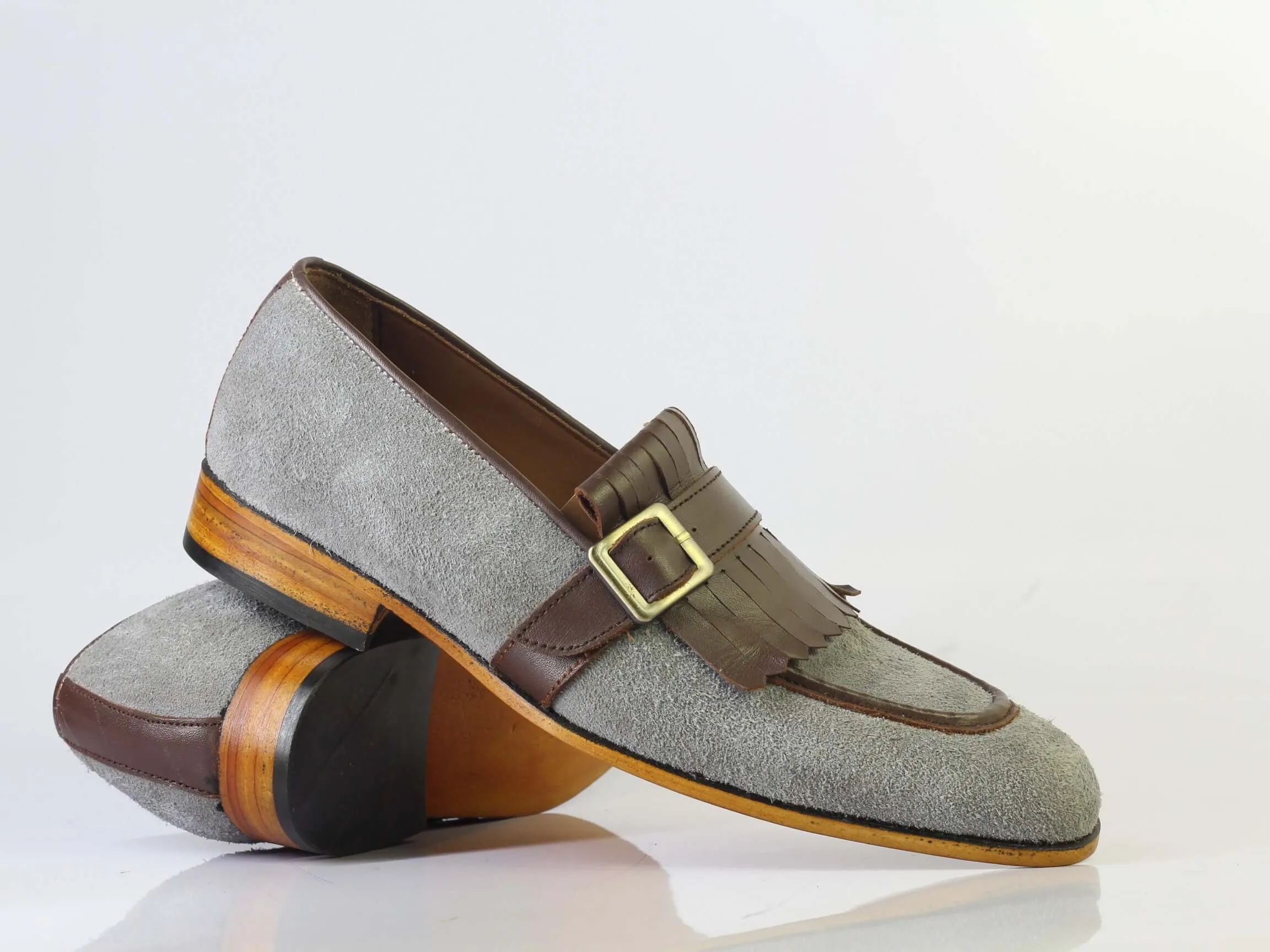 Bespoke Grey Brown Buckle Loafers for Men's