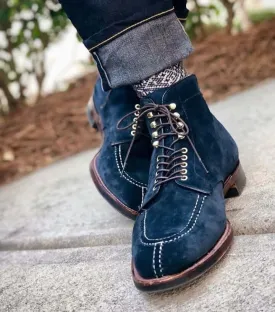 Bespoke Navy Blue Suede Ankle Split Toe Boot