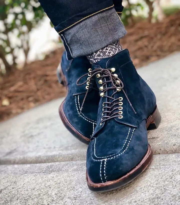 Bespoke Navy Blue Suede Ankle Split Toe Boot