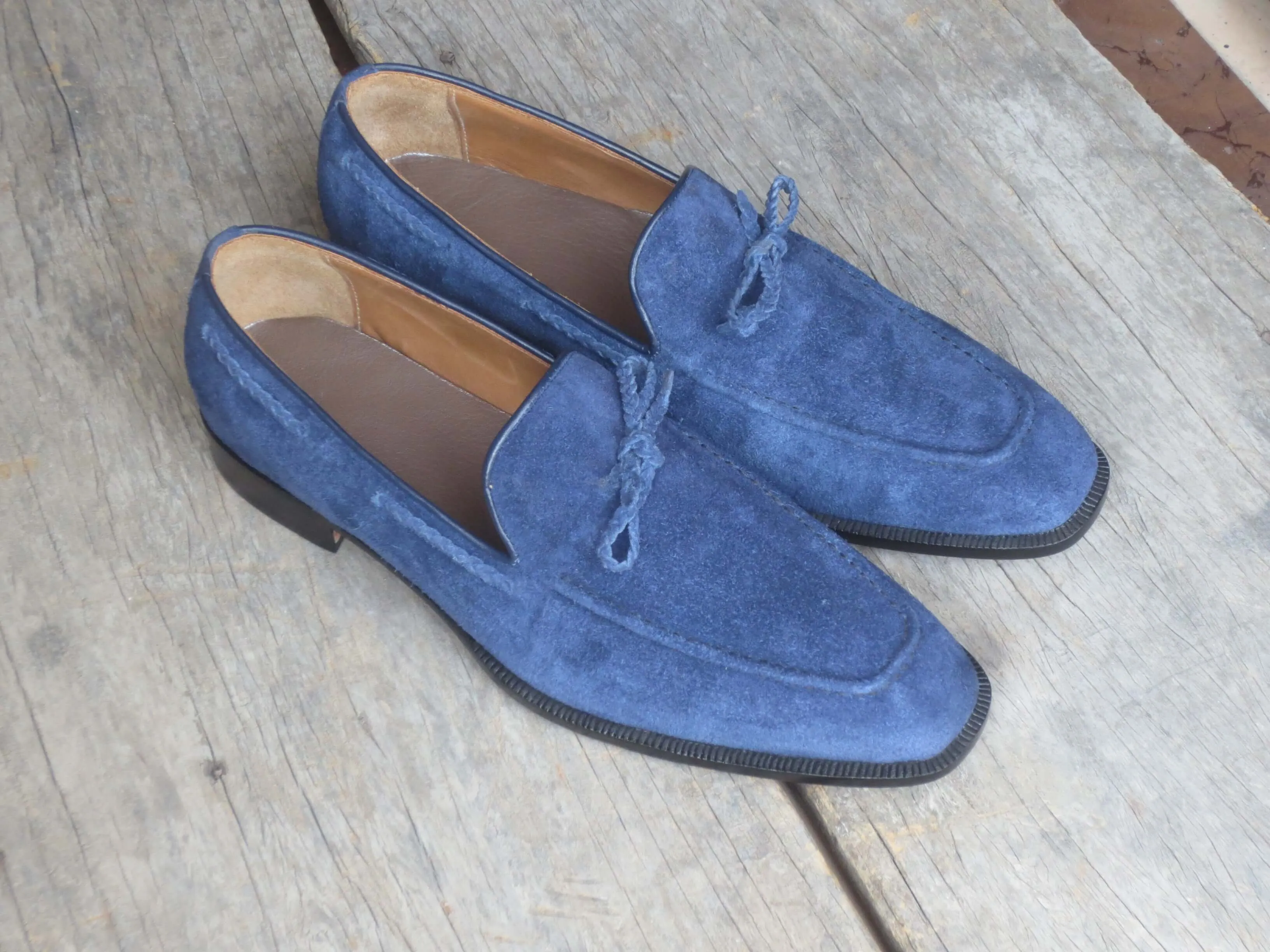 Bespoke Navy Blue Tussle Loafer Suede Shoe for Men's