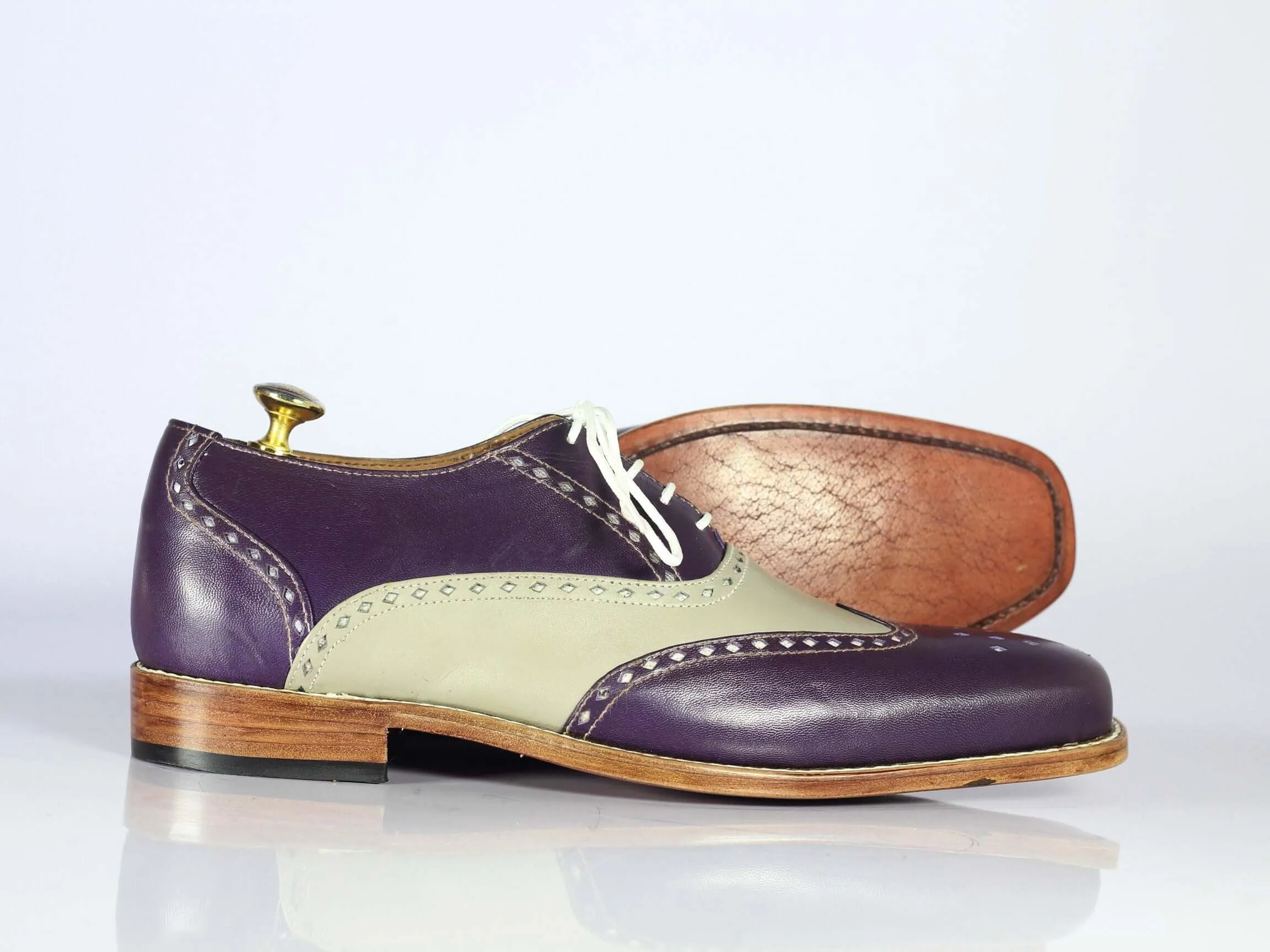 Bespoke Purple & Gray Leather Wing Tip Shoes For Men's