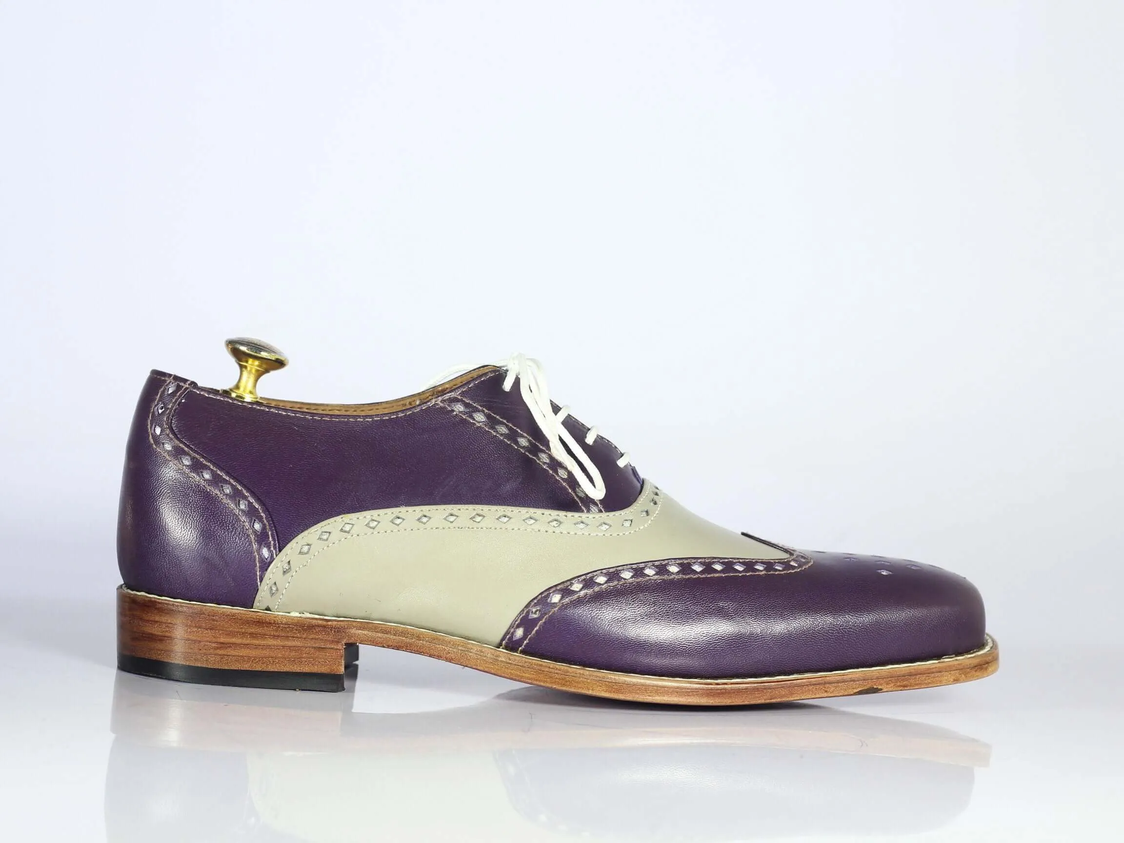 Bespoke Purple & Gray Leather Wing Tip Shoes For Men's