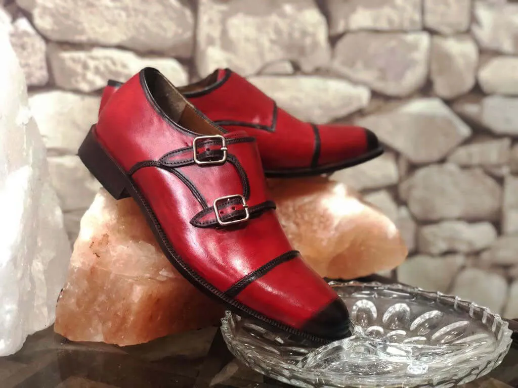 Bespoke Red Leather Double Monk Strap Shoes for Men's