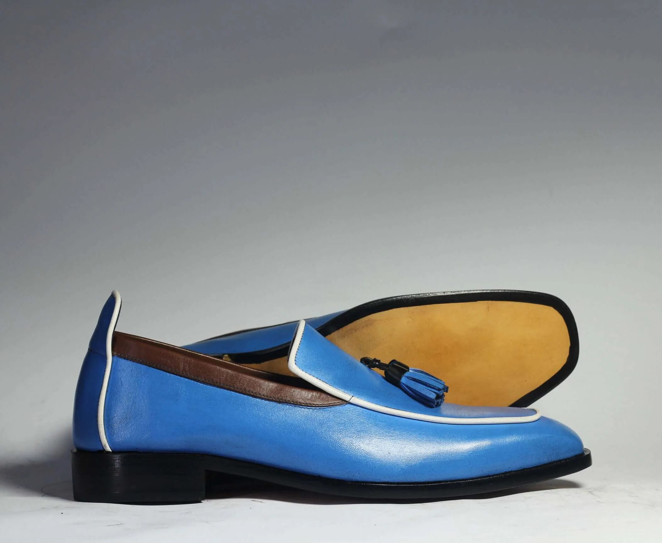 Bespoke Sky Blue Leather Tussle Loafer Shoes for Men's