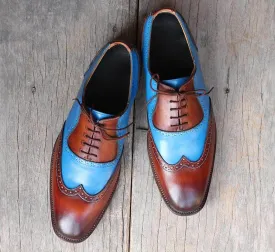 Bespoke Sky Blue&Tan Leather Wing Tip Lace Up Shoes for Men's