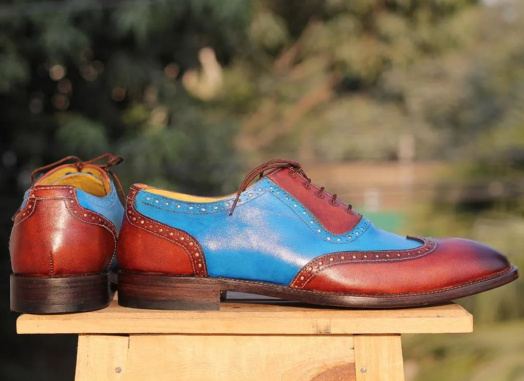 Bespoke Sky Blue&Tan Leather Wing Tip Lace Up Shoes for Men's