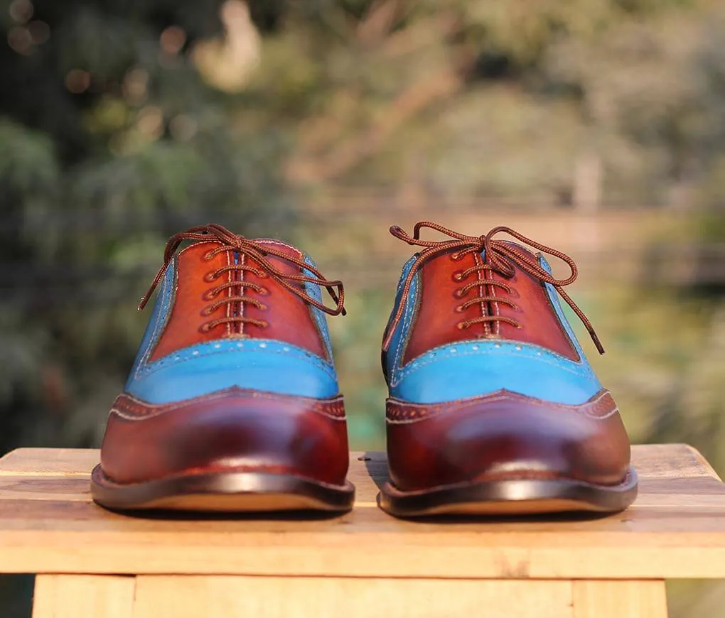 Bespoke Sky Blue&Tan Leather Wing Tip Lace Up Shoes for Men's